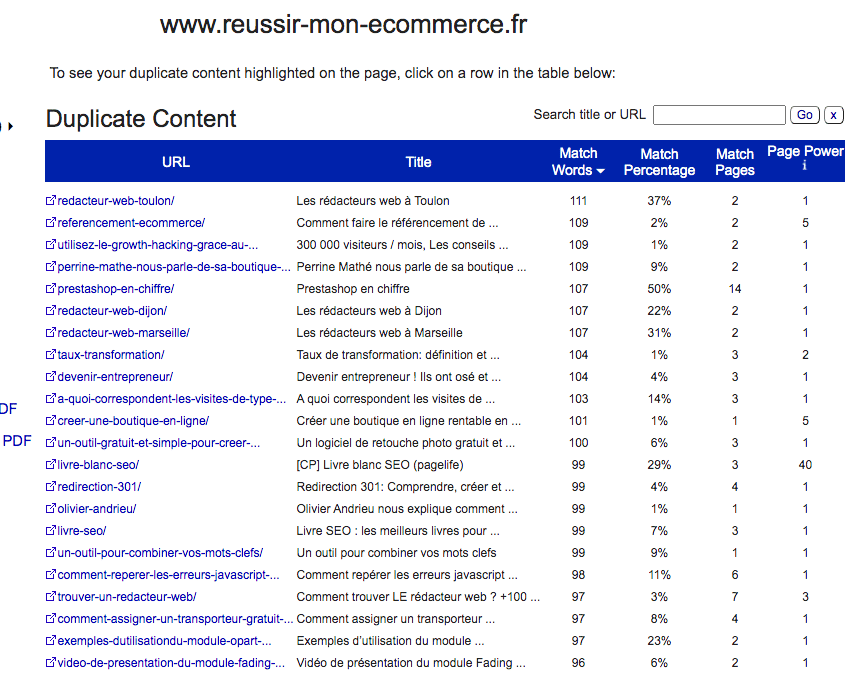 Screenshot résultats Siteliner